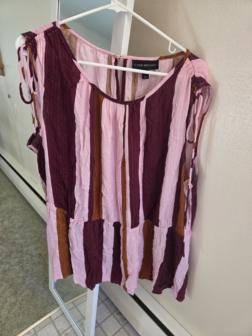 Lane Bryant Pink, Burgundy & Brown Stripe Tie-Sleeve Tunic